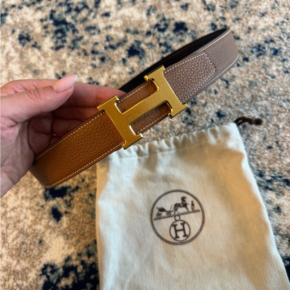 Hermes Tan Leather Belt with Gold H Buckle - size 80